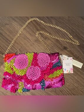 Viral Beaded Bag Floral Sequin RareNWT Unique Multicolor Trendy Purse Gold Chain